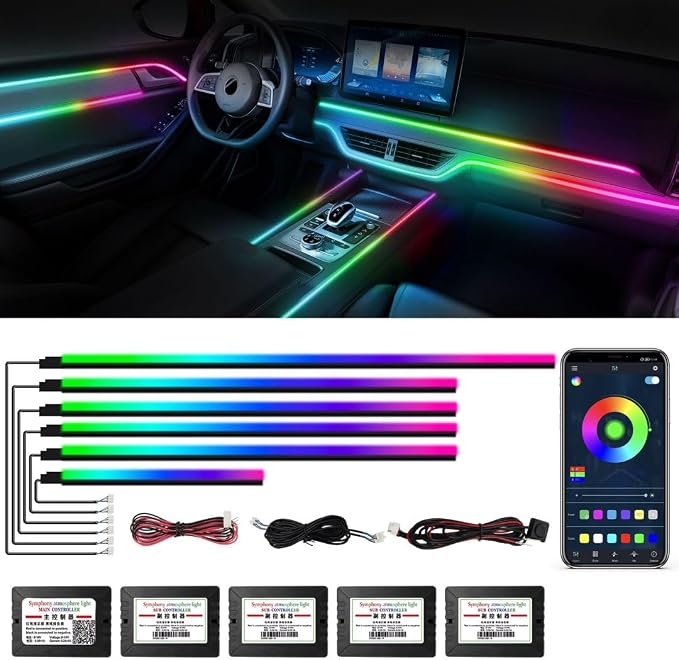 Dreamcolor Acrylic Interior Car Lights, Car Accessories 6 in 1 Car LED Strip Lights with APP Control and 213 Modes, 175 inches 593 LEDs Fiber Optic Lights, RGB Neon Light Kits
