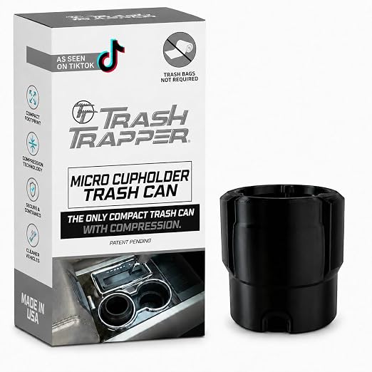 Car Trash Can Cup Holder | Micro Car Trash Can | Fits Flush in Most Cupholders | 3.5" x 3.5" | Traps More & Empties Less, Patent-Pending Compaction, Holds Small Garbage, Black/Black