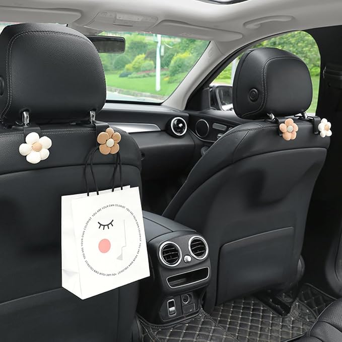 4PCS Car Headrest Hooks, Cute Flower Vehicle Seat Organizer Hooks for Purses and Bags, Portable Automotive Purse Hanger Holder Decoration, Universal for SUV, Sedan, Truck (Beige/White)