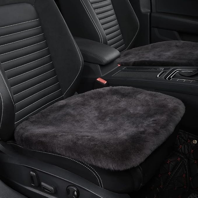Genuine Sheepskin Auto Seat Pad, Soft Wool Seat Cover Breathable and Sweat-Wicking Comfort Warm Universal Fit (Front seat Cushion 2pcs & Rear seat Cushion 1pc, Dark Grey)