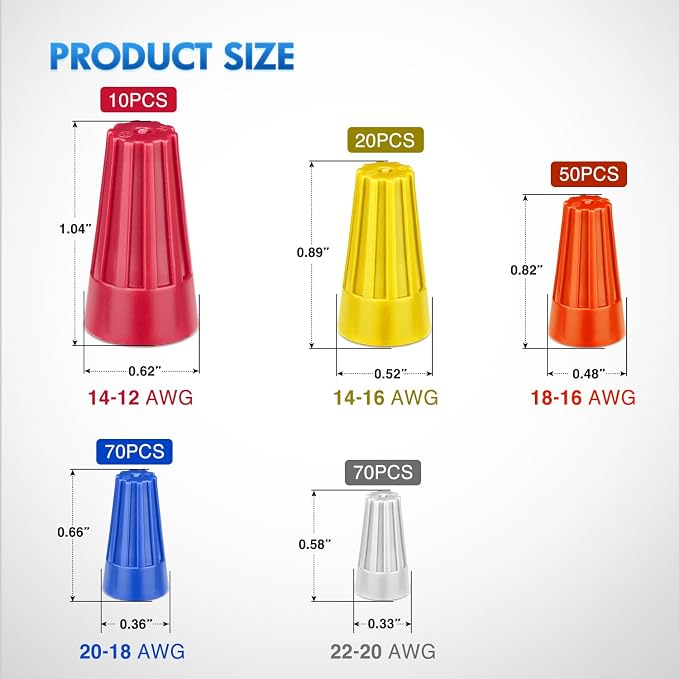 220PCS Wire Screw Caps Terminals Kit 5 Sizes Electrical Assortment Spring Thread Insulated Twist on Connectors for 22-12 AWG Wires