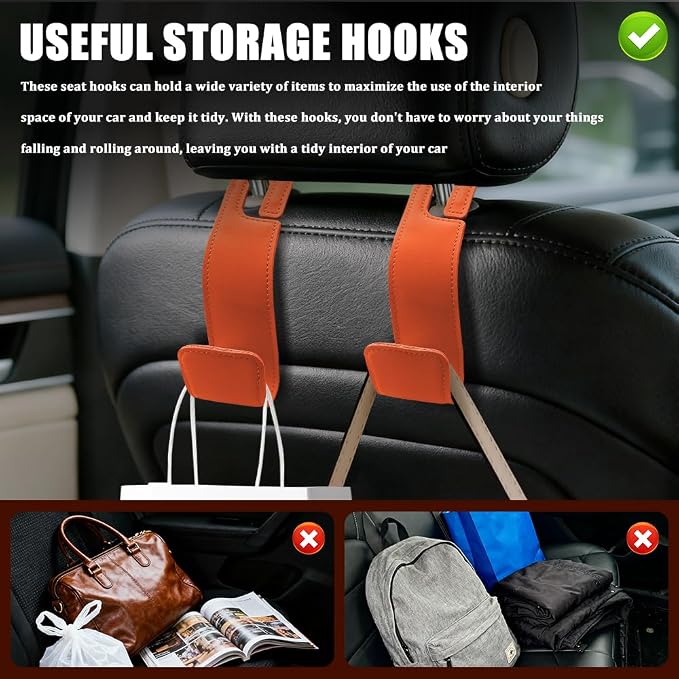2PCS Car Seat Headrest Hooks, Purse Hook for Car, Automotive Headrest Handbags Holder, Auto Accessories Leather Seatback Organizer Hanger for Hanging Purses Bags Coats (Orange, 1PCS)