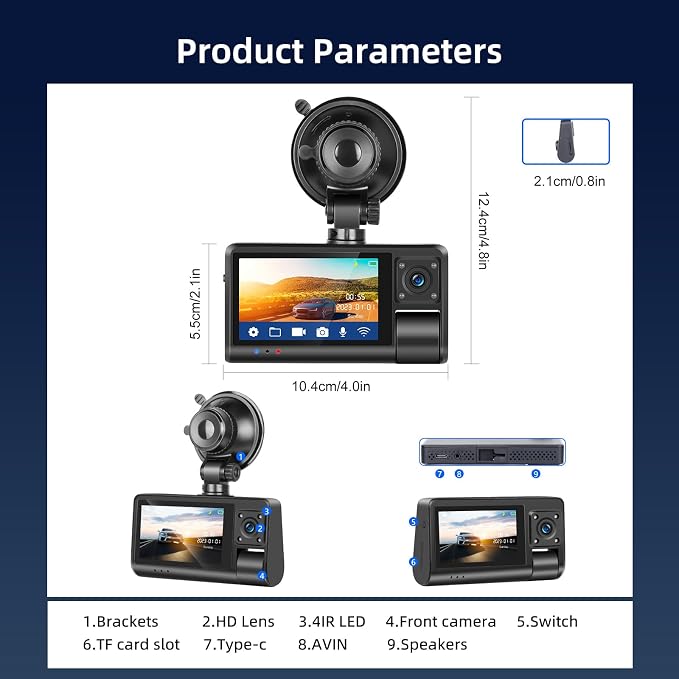 3 Channel Dash Cam for Cars, Dash Cam Front and Rear Inside, Bulit-in WiFi: 3 inch IPS Screen, 1080P Triple Dash Camera with 64GB Card, G-Sensor, Loop Record, Night Vision + Rearview Camera