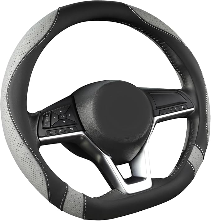 Flat Bottom Car Steering Wheel Cover for Nissan,D Shaped Steering Wheel Cover for Rogue,Altima,Kicks (Black+Gray-Standard Size)