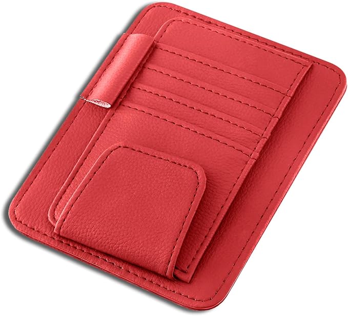 Car Sun Visor Organizer, Multifunctional Auto Visor Document Holder with Sunglasses Clip, Universal Car Interior Accessories Organizer for Drving License, Card, Pen (Red)