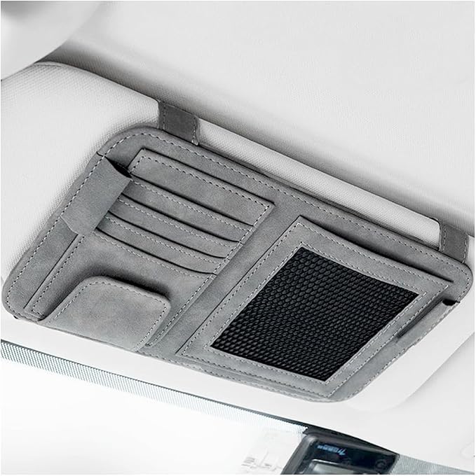Car Sun Visor Organizer, Multi-Pocket Vehicle Sun Visor Storage Pouch with Sunglasses Clip, Auto Interior Sunshade Eyeglasses Card Holder Organizers, Universal for SUV Sedan Truck (Gray)