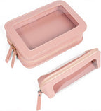 2Pack Clear Makeup Bags Set, Clear Travel Makeup Brush Holder, Portable Leather Travel Toiletry Bag Pink Car Accessories for Women