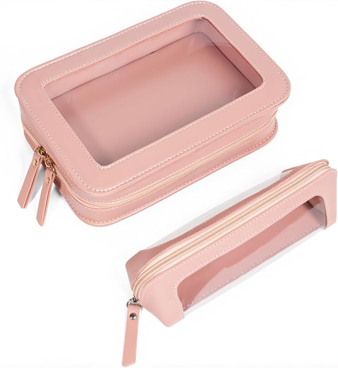 2Pack Clear Makeup Bags Set, Clear Travel Makeup Brush Holder, Portable Leather Travel Toiletry Bag Pink Car Accessories for Women