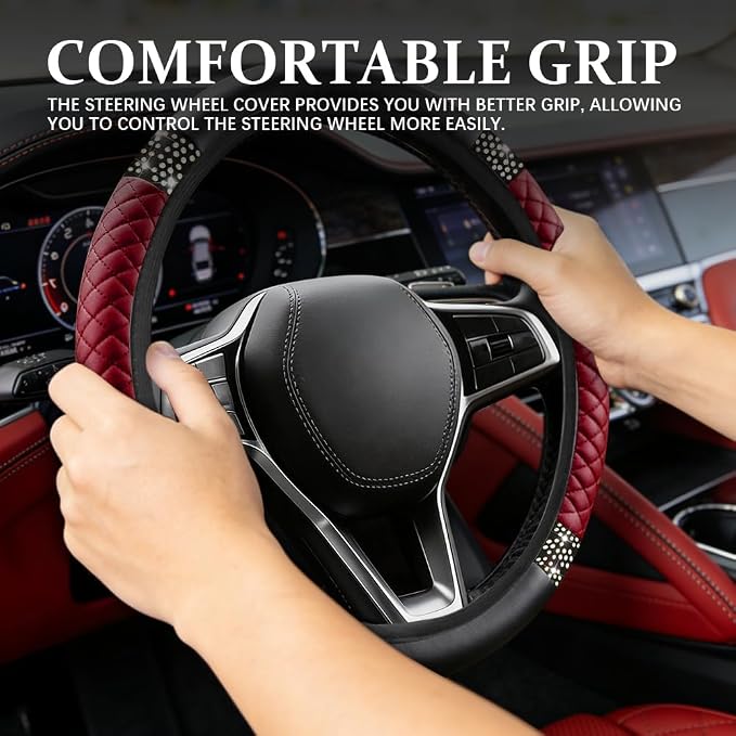 Bling Soft Leather Steering Wheel Cover, Steering Wheel Protector, 15 Inch Rhinestones Car Elastic Protector with Crystal Diamond for Women Girls, Car Accessory for Vehicles (Wine Red)