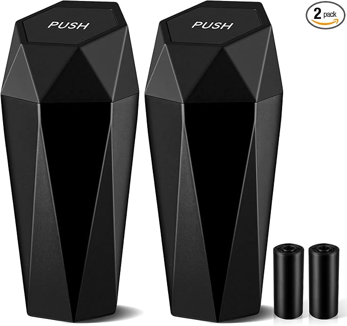 Car Trash Can with Lid, Diamond Design Small Automatic Portable Trash Can, Easy to Clean, Used in Car Home Office Interior Accessories, 2PCS (Black)