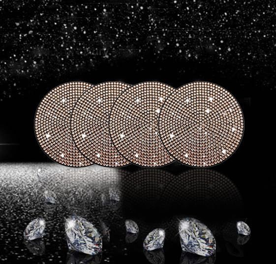 4pcs Bling Car Cup Holder Coaster, 2.75 inch Anti-Slip Shockproof Universal Fashion Car Coasters Insert Bling Crystal Rhinestone Automotive Interior Accessories for Women (Champagne)