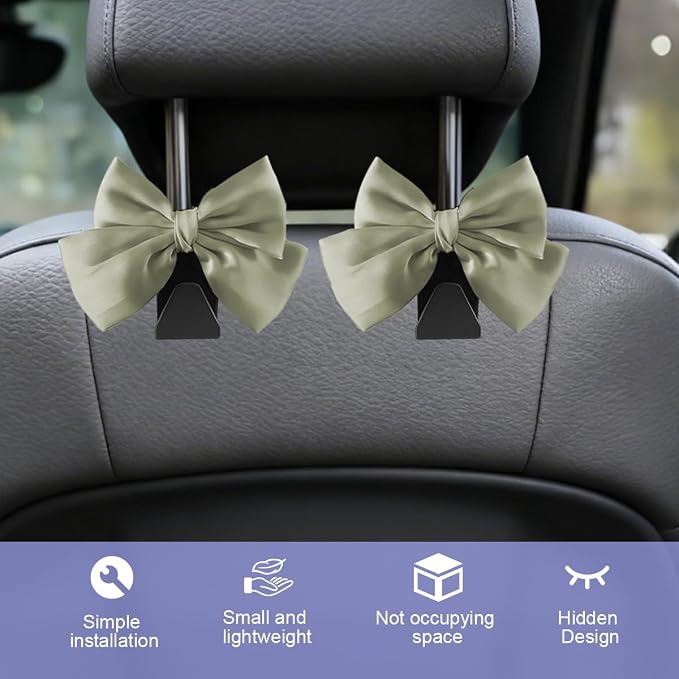 2PCS Car Seat Headrest Hook, Cute Bow Stylish Seat Back Purse Handbag Hanger Organizer, Multi-Purpose Auto Backseat Storage Hook Holder for Umbrella Coat Bag, Universal Fit (Green)
