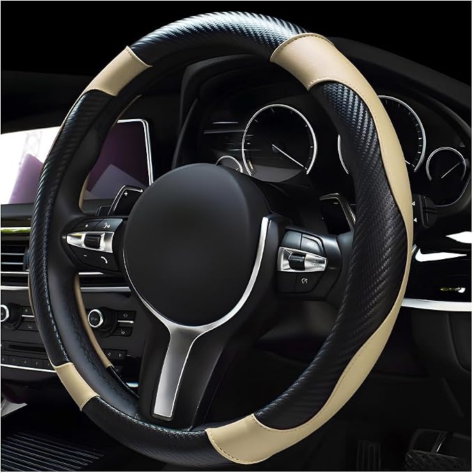 Car Steering Wheel Cover, 15 Inch Leather Breathable Auto Steering Wheel Protector, Comfortable Non-Slip Vehicle Steering Wheel Covers, Universal Car Accessories (Beige, with Lining)