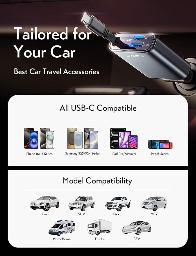 Retractable Car Charger USB C, [Upgraded 72W Max] | Car Accessories，Gifts for Men Women Him Her Car Charger for iPhone/Android Truck RV Electronics
