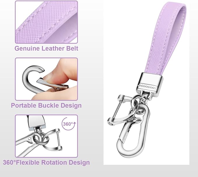 Genuine Leather Car Keychain,Universal Heavy Duty Metal Key Chain Accessories,Car Fob Key Keychain Holder with 360 Degree Rotatable Snap Swivel and Anti-Lost D-Ring for Men Women(Lavender Purple)