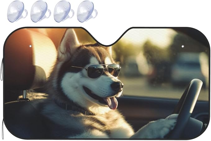 Windshield Sun Shade Funny Driving Husky Dog Car Front Window Sunshade Cover for Truck SUV Blocks UV Rays Automotive Visor Interior Protector 55 x 30 inch