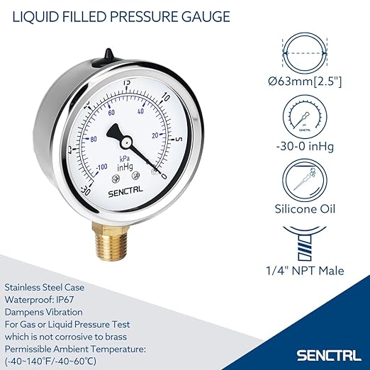 30 inHg Vacuum Silicone Oil Liquid Filled Low Pressure Gauge, 2.5" Dial Size, 1/4" NPT Lower Mount, Stainless Steel Case, for Air Conditioning Manifolds, HVAC, Air Pump Vacuum Test