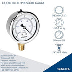 30 inHg Vacuum Silicone Oil Liquid Filled Low Pressure Gauge, 2.5" Dial Size, 1/4" NPT Lower Mount, Stainless Steel Case, for Air Conditioning Manifolds, HVAC, Air Pump Vacuum Test
