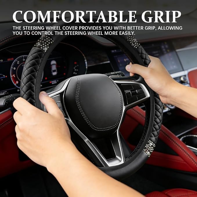 Bling Soft Leather Steering Wheel Cover, Steering Wheel Protector, 15 Inch Rhinestones Car Elastic Protector with Crystal Diamond for Women Girls, Car Accessory for Vehicles (Black)