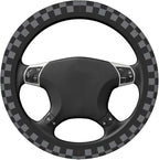 Dark Gray Checkered Steering Wheel Cover for Women, Universal Auto Steering Wheel 14-15 Inch Car Interior Accessories with 2PCS Car Coasters, Suitable for Men and Women