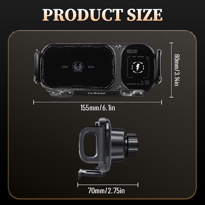 FunApricity Wireless Charging Rotating Car Mount,High Intelligent 2 in 1 Auto Rotating Phone Holder,Car Charger Fast Charging, One-Click Auto-Rotating & Clamping for Smartphone/Pad/Foldable Phone