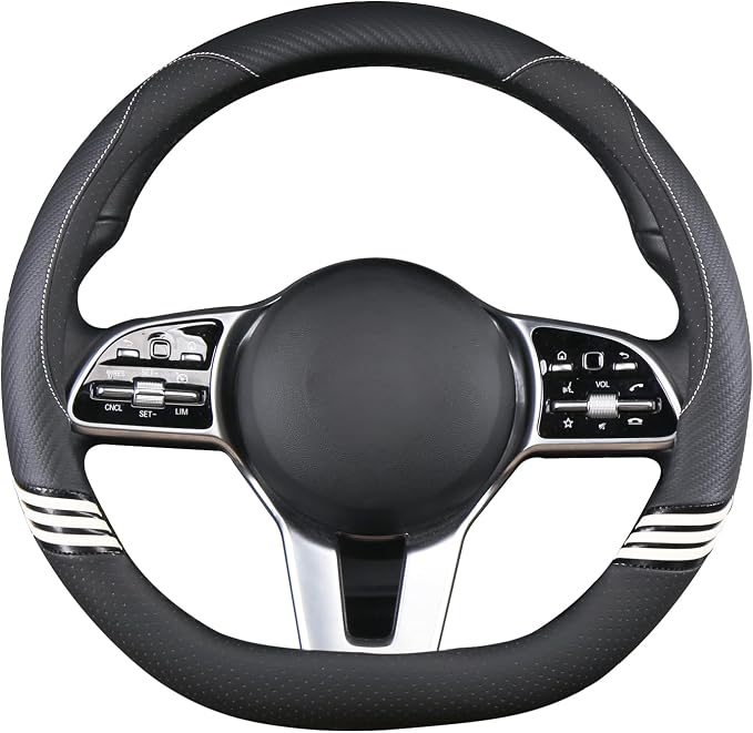 14 inch Cute D Shaped Steering Wheel Cover for Women Men Faux Leather and Carbon Fiber,Black