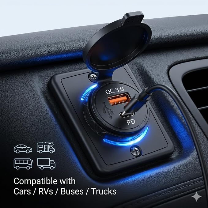 48W Dual USB Car Charger, QC3.0 & PD Fast Charging with LED Light Ring for Cars, RVs, Buses, Trucks – 12V-24V Vehicle USB Adapter