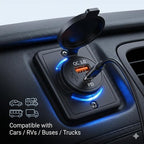 48W Dual USB Car Charger, QC3.0 & PD Fast Charging with LED Light Ring for Cars, RVs, Buses, Trucks – 12V-24V Vehicle USB Adapter