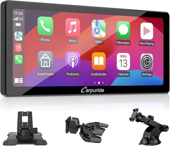 Carpuride W103 Pro with Wireless Bluetooth Transmission Portable Carplay & Android Auto Car Stereo, 10.3 inch 1080P Touch Screen, Mirror Link/GPS/Siri/FM, with 3 Bracket，Dual BT
