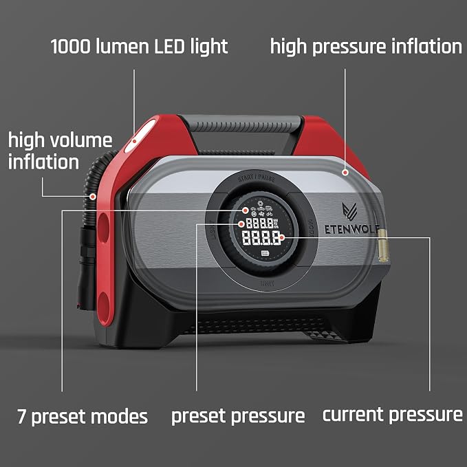 VORTEX S6 Tire Inflator Portable Air Compressor for Heavy-duty Vehicle, Cordless Air Pump for Car & Inflatables with 19200 mAh Battery, 100% Duty Cycle & Dual Cylinder Bike Pump, Red