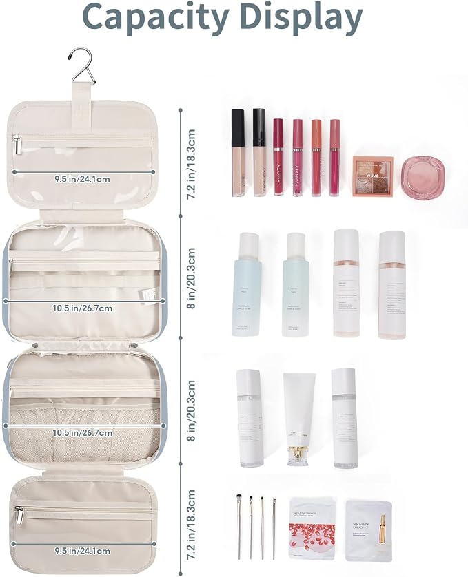 Hanging Toiletry Bag for Women Travel Makeup Bag Organizer Toiletries Bag for Travel Size Essentials Accessories Cosmetics (Greyish Blue (Medium))