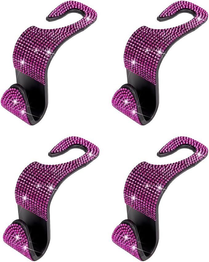 4PCS Bling Car Seat Headrest Hooks, Crystal Rhinestone Vehicle Back Seat Hanger Holder, Auto Interior Headrest Hanging Storage Organizer for Purse Handbag Coat, Universal Fit (Black/Pink)