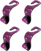 4PCS Bling Car Seat Headrest Hooks, Crystal Rhinestone Vehicle Back Seat Hanger Holder, Auto Interior Headrest Hanging Storage Organizer for Purse Handbag Coat, Universal Fit (Black/Pink)