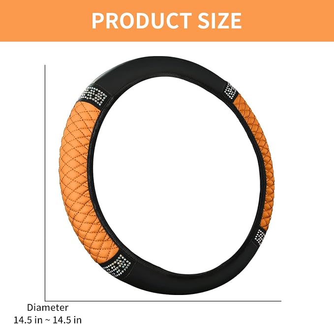 Bling Car Steering Wheel Cover, 15 Inch Rhinestones Soft Leather Elastic Steering Wheel Protector, Sparkly Crystal Diamond for Women, Car Interior Accessories for Most Cars (Orange)
