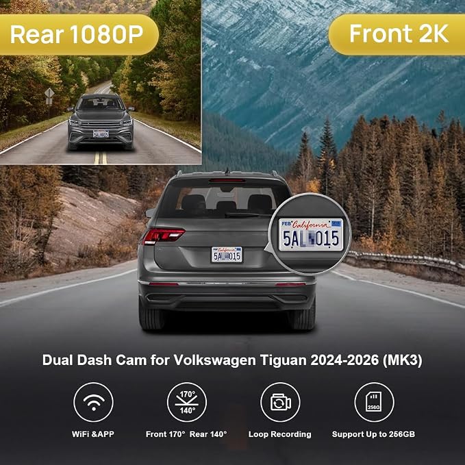 Front 2K+Rear 1080P Dash Cam Adapts for Volkswagen Tiguan 2024-2026 MK3 (Grey), OEM Style, Dual HD Video, WiFi & APP, Loop Recording, Parking Mode, Easy to Operate, 64GB Card