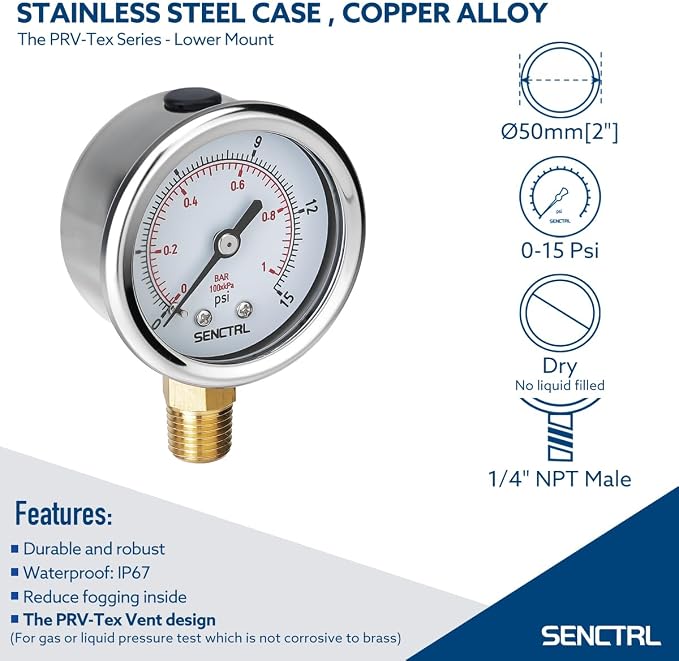 0-15 Psi Low Pressure Gauge, 2" Dial Size, 1/4 Npt Lower Mount, Waterproof, Stainless Steel Case, for Water Air ATV Tire Gas Pressure Test