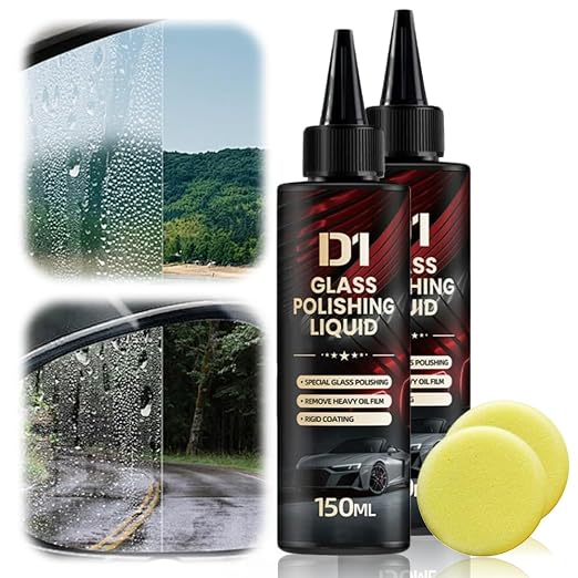 D1 Glass Polishing Liquid, 2025 Upgrade Car Glass Oil Film Remover and Auto Scratch Repair Compound, Car Glasses Polishing Compound, Anti-Fog Hydrophobic Coating Spray with Sponge (2)