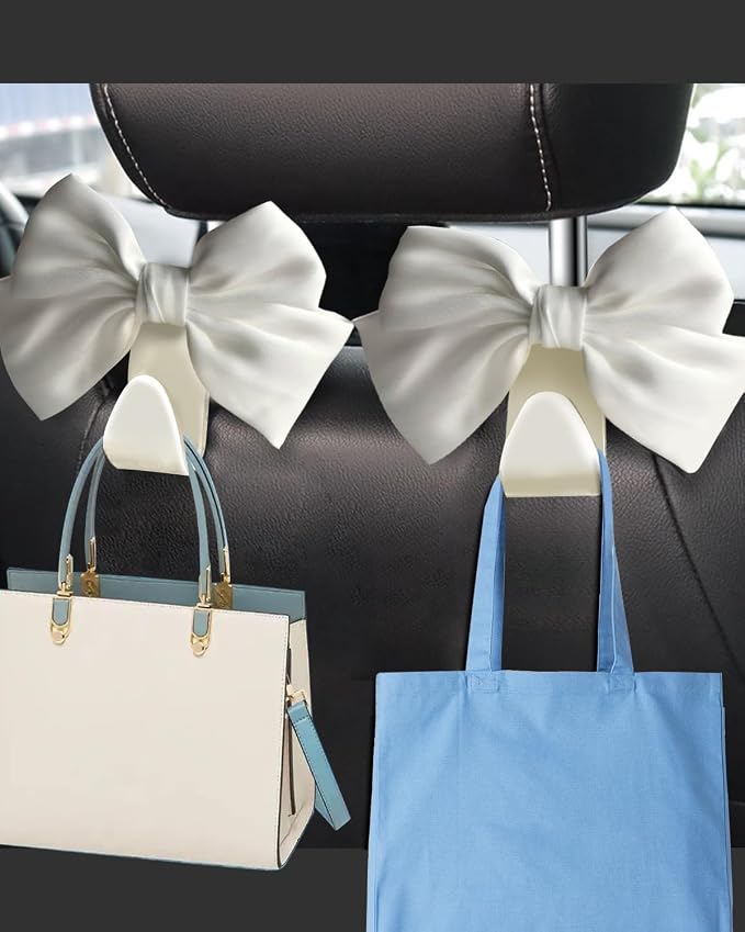 2 Pack Car Purse Holder for Handbags and Bags, Headrest Back Seat Hooks for Cars, Car Bag Hanger for Groceries, Coats, Umbrellas and Daily Essentials, Bow-Shaped Car Interior Organizer (White silk)