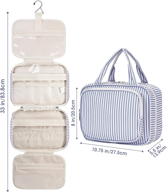 Striped Hanging Toiletry Bag for Women Travel Makeup Bag Organizer Toiletries Bag for Travel Size Essentials Accessories Cosmetics (Greyish Blue Stripe (Medium))