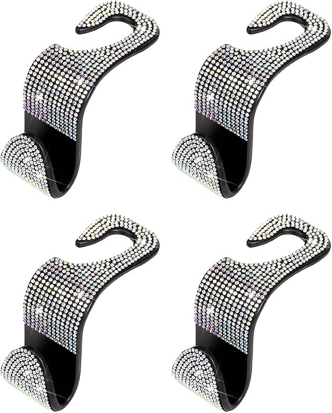4PCS Bling Car Seat Headrest Hooks, Crystal Rhinestone Vehicle Back Seat Hanger Holder, Auto Interior Headrest Hanging Storage Organizer for Purse Handbag Coat, Universal Fit (AB Color)