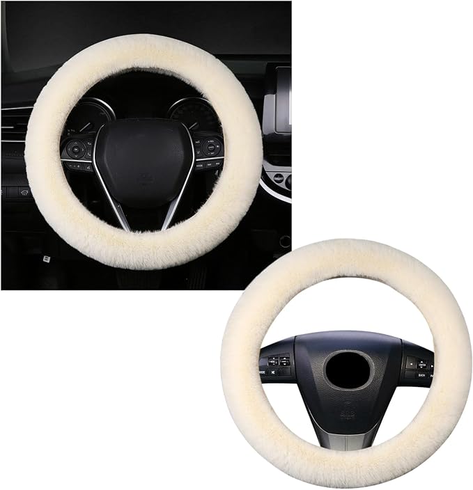 Fuzzy Steering Wheel Cover, 15 inch Soft Wool Fur Steering Wheel Protector, Fluffy Wheel Covers for Winter Warm, Car Interior Decoration Accessories for Women Men (Beige)