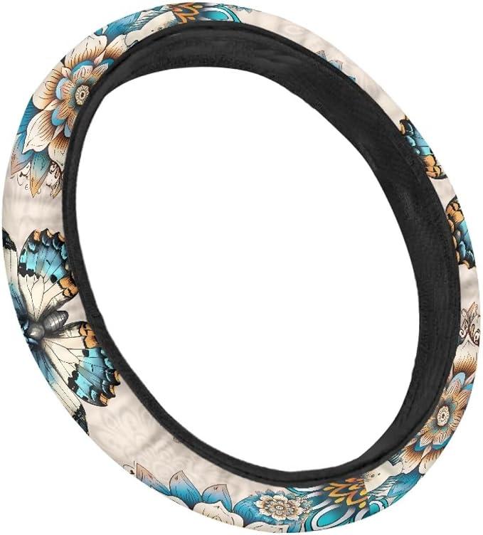 Steering Wheel Cover Boho Mandala Flower Butterfly Pattern Anti-Slip Car Wheel Protector Perfectly fit for 15 inches Car Accessories Universal Fit Car SUV Van Truck