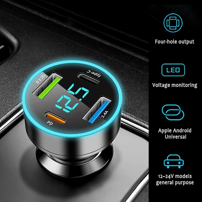 4 Ports Fast Car Charger,[Upgrade Voltmeter Display] PD+QC3.0+USB C Car Charger for 12-24V Cigarette Lighter Plug,Car Phone Charger Compatible with iPhone/Android/Samsung/iPad (QC3.0+Type-C+PD+2.4A)