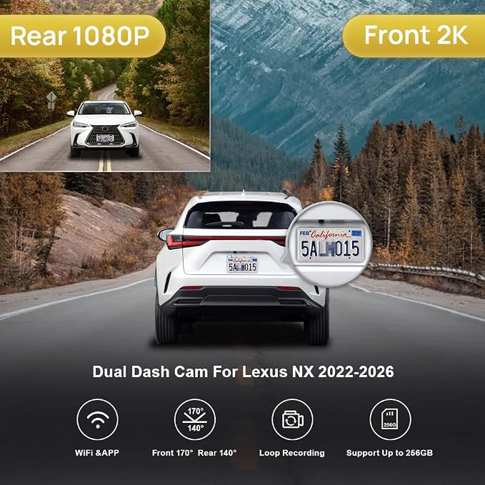 Front 2K+Rear 1080P Dash Cam Adapts for Lexus NX 2022-2026 & NX Hybrid 350 250 350h 450h, OEM Look, 2 Channel HD Video, WiFi & APP, Loop Recording, Collision Sensor, Easy to Use, 64GB Card