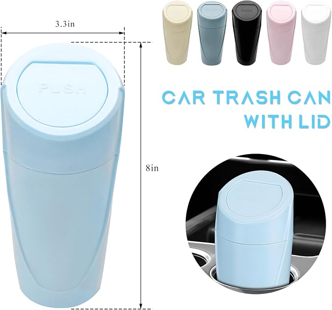 Car Trash Can Bin with Lid, Leakproof Auto Cup Holder Garbage Bin Multipurpose Storage Organizer, Mini Portable Dustbin Side Door Garbage Can for Vehicle Home Office (Light Blue)
