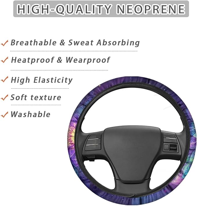 Automotive Steering Wheel Covers Universal Fit 14 to 15 inch, Purple Bohemian Flower Steering Wheel Protector with Cloth for Women Keep Warm Comfort Grip Sweat Absorption Neoprene