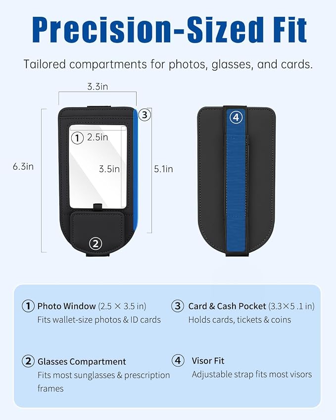 Car Visor Sunglasses Holder, 3 in 1 Glasses Clip with Photo Picture Display & Extra Storage Pocket, Anti-Slip Universal Sun Visor Organizer, 2026 Upgraded (2, Black)