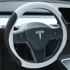 Premium Leather Steering Wheel Cover for Tesla Model 3/Y 2016-2025 2026 Juniper/Highland, Non-Slip Breathable Tesla Model 3/Y Steering Wheel Protector, White