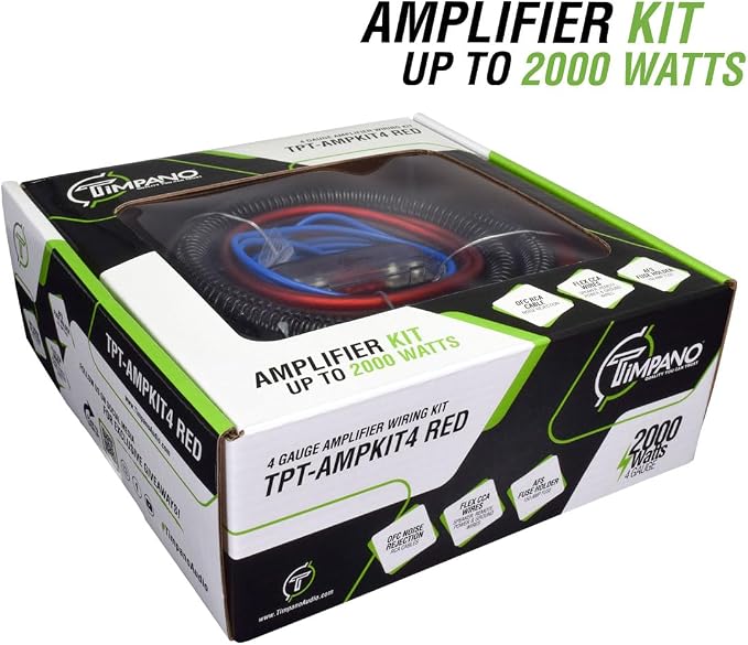 Timpano Amplifier Wiring Kit - 4 Gauge Amp Kit 2000 Watts Car Amplifier Installation CCA Cables Kit – 150 Amp Fuse Single Amp TPT-AMPKIT4 RED