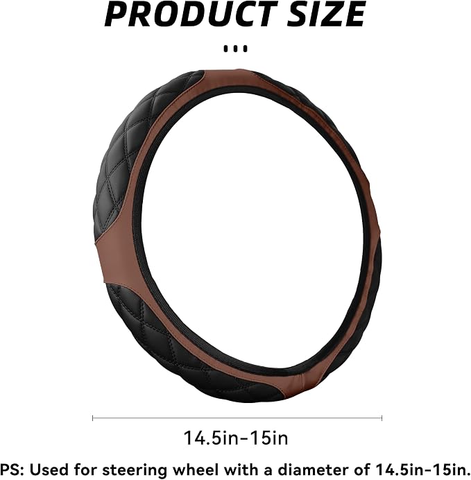 15 Inch Car Leather Steering Wheel Cover, Automotive Accessories Elastic Breathable Anti-Slip Soft Wheel Protector Fits Men and Women, Suitable for SUVs, Trucks, Vehicles and RVs (Brown)